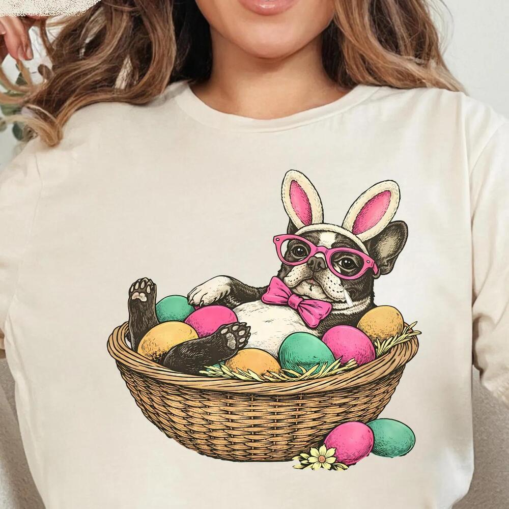 Boston Terrier Easter T-Shirt Bostie In A Egg Basket Tee